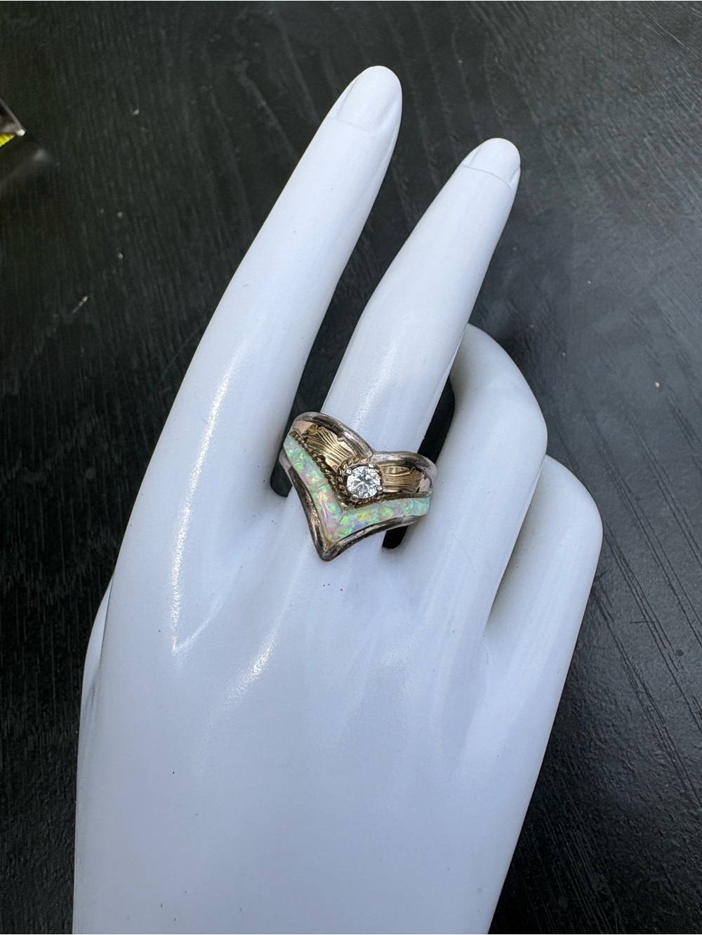 Vintage S. Ray Sterling Silver Ring with Opal and Clear Stone - Size 8.5